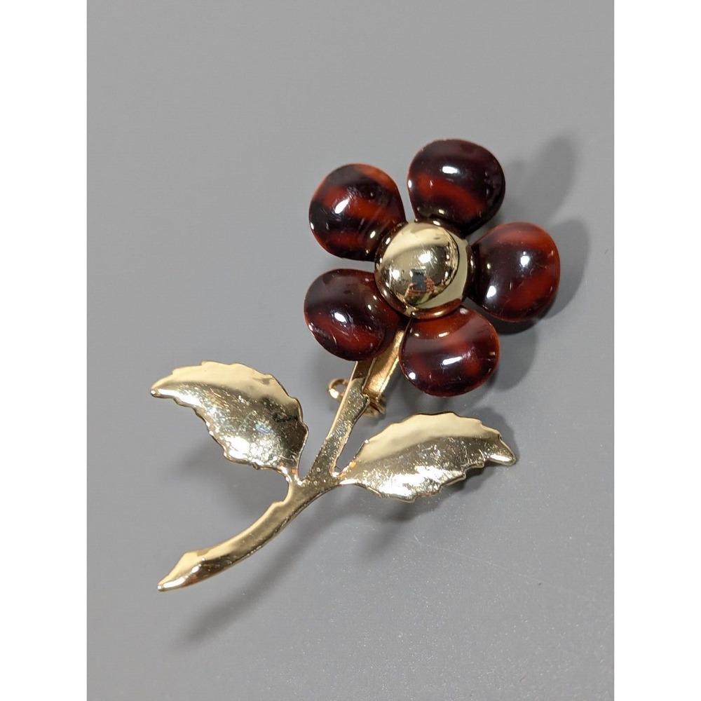 Vintage Brown Floral Brooch Gold Tone Flower Pin MCM Retro